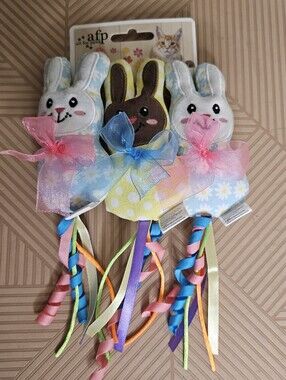 NEW All For Paws Bunny Ribbon Cat Toys - Pastel Blue, Pink, Yellow